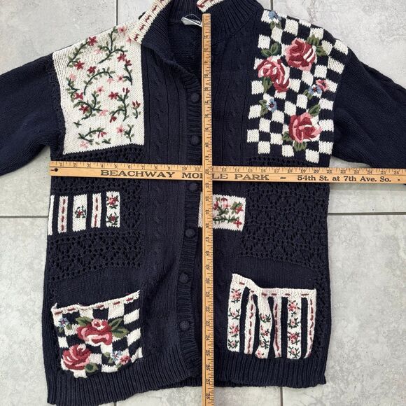 Vintage 90s Chunky Handknit Floral Sweater Cardigan Size L Womens - Picture 7 of 7